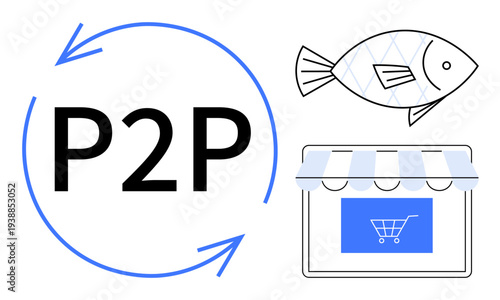 Peer-to-peer trading, online marketplaces, digital commerce, resource sharing, trade systems, sustainability. Circular arrows, fish and an online store icon. Peer-to-peer trading and online