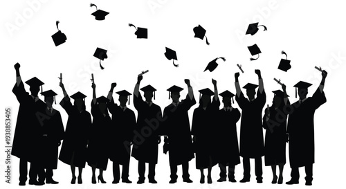 Graduates celebrating their academic achievement with raised arms and thrown caps symbolizing their success and future endeavors with enthusiasm and pride on a special day.