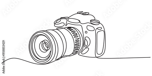 Professional DSLR camera sketch line art drawing isolated white background minimalist concept