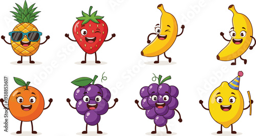 Cute funny cartoon fruit characters vector illustration with happy expressions, colorful design, isolated on white background for kids and stickers