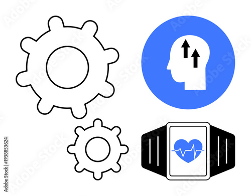 Technology concept. Technology ed by gears, brainstorming, and a fitness tracker with a heart symbol. Technology connects innovation and health. For productivity, innovation, health, fitness