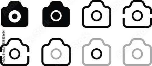 Set of camera icons in different styles and variations on transparent background