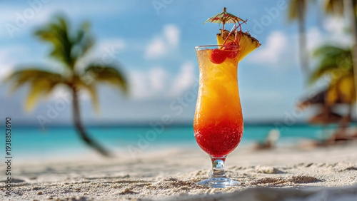 A full-body Planter’s Punch glass placed in the center of the frame, filled with a colorful layered tropical cocktail 