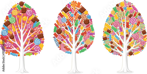 Fantasy candy trees with chocolates, lollipops, sweets, colorful dessert forest illustration, playful design, bright vector artwork for creative food projects.