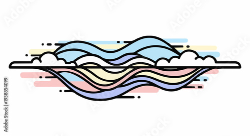 Stylized graphic illustration depicting serene pastel-colored waves and floating clouds, creating a calming abstract landscape icon perfect for modern design projects