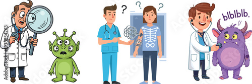 Funny cartoon illustration of doctors examining patients, medical checkup with aliens and monsters, healthcare humor, diagnostic concept, hospital comic vector
