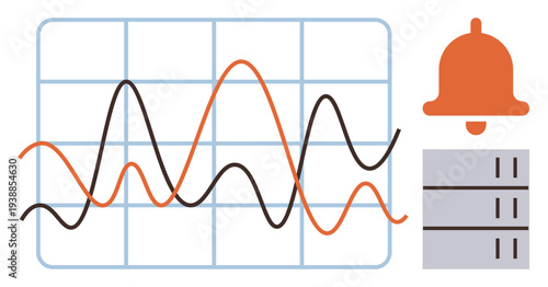 Analytics, data trends, monitoring, notifications, data storage, system alerts. Graph with fluctuating lines beside an orange bell symbol and database imagery. Analytics and monitoring concept