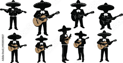 Mexican mariachi musicians silhouette illustration with guitars and sombreros, traditional folk music performance, cultural heritage, festival celebration, vector design art
