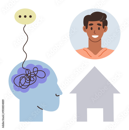 Mental health, online therapy, communication, psychological support, self-care, telehealth. A profile view of a head with a tangled brain, a human face and a house. Mental health and online therapy