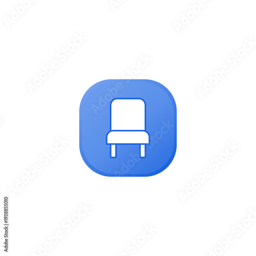 Minimalist chair icon in flat design style. White chair symbol centered inside a rounded blue square background. Clean and modern furniture icon perfect for interior design.