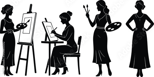 Black silhouette illustrations of women painting and drawing with brushes, palettes, and easels, symbolizing creativity, artistic expression, visual art, and design concepts
