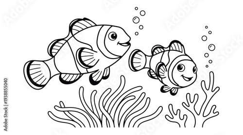 Two cheerful clownfish swim among vibrant coral reefs, with small bubbles rising around them in a playful underwater scene.