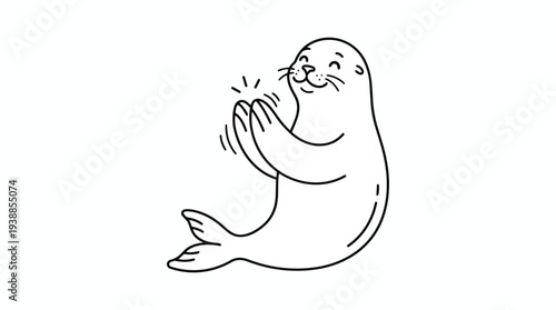A cute cartoon seal is clapping its flippers together with a happy expression and sparkles around its hands.