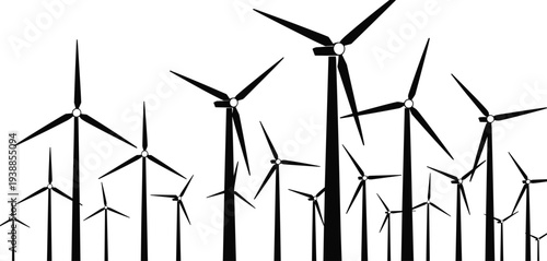 Silhouette illustration of multiple wind turbines in a field representing renewable energy technology and sustainable electricity, perfect for eco design, vector artwork, and environmental projects