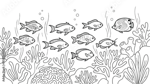 A school of fish swims through vibrant coral reefs in a clear blue ocean, with bubbles rising to the surface.