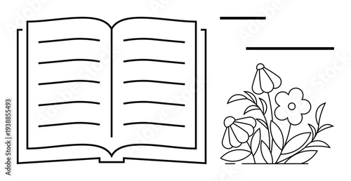 Education, literature, nature, storytelling, reading habits, minimalism. Open book with text lines and flowers in artistic line art style. Education and literature conceptual design