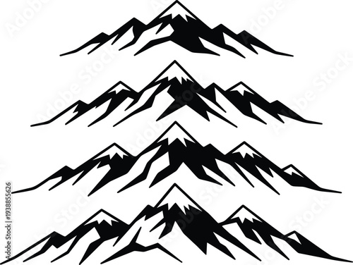 Mountain range silhouette vector set with snow peaked hills for outdoor travel logos and adventure climbing icons isolated on white background for design
