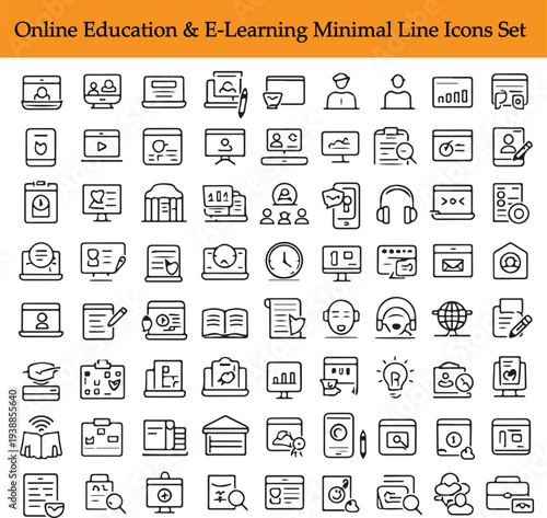 72 Online Education and E-Learning Line Icons – Modern Thin Outline Vector Set of Digital Learning, Virtual Classroom, Webinar, Study Apps and Remote Education Tools in Clean Grid Layout