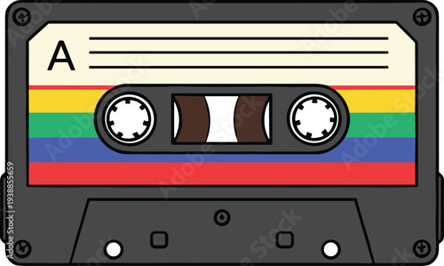 Retro colorful audio cassette tape vector illustration with vintage style stripes for nostalgic music collection, old media and recording design