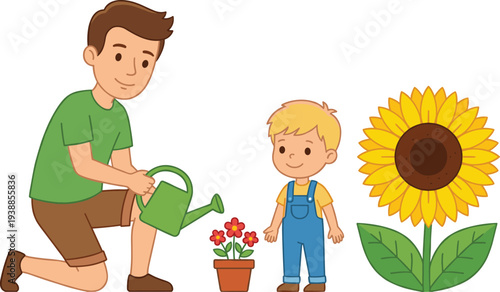 Father and son gardening together watering flowers with sunflower plant, family bonding outdoor activity, parenting and nature learning vector illustration