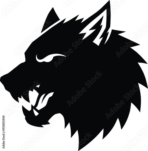 Angry wolf head silhouette, aggressive werewolf mascot, wild animal predator icon, black canine profile, vector beast face, isolated creature graphic, hunting dog emblem