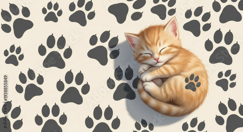 Sleeping orange kitten curled up on paw print background peaceful and adorable feline scene with warm lighting