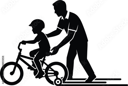Father teaching child to ride bicycle silhouette, parenting support and learning cycling activity, family bonding outdoor vector illustration concept