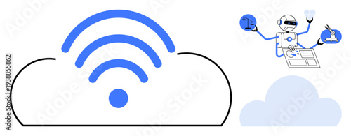 Artificial intelligence, cloud services, wireless connectivity, digital transformation, automation, innovative technology. wireless signal on a cloud, robot interacting with various tools. Cloud