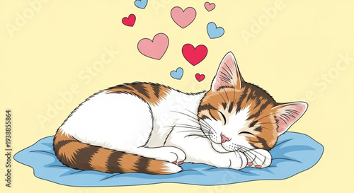 Cute cat sleeping on blue pillow with hearts floating above expressing love and affection in a colorful illustration