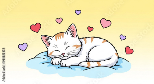 Sleeping white and orange cat surrounded by floating hearts on soft blue cushion