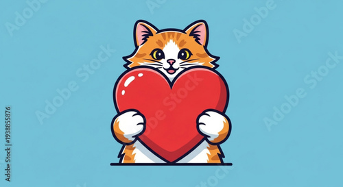 Cute orange cat holding big red heart in front face blue background love affection