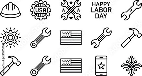 Happy Labor Day outline icon collection with tools, hard hat, gear, wrench, hammer, USA flag and industry symbols vector set