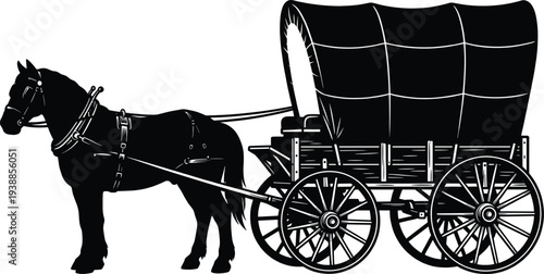Vintage horse drawn wagon silhouette, western prairie covered carriage icon, rural transport vector, old fashioned farm wagon graphic, isolated pioneer transportation black illustration