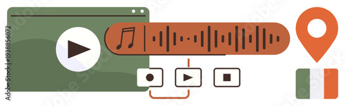 Audio streaming, video playback, navigation apps, content sharing, media localization, global media. Play button and audio wave with location pin and country flag. Audio streaming and video playback
