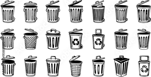 Waste Management Trash Cans and Recycling Bins Collection. Black and White Hand-drawn Line Art Vector Set of Garbage Containers and Dustbins for Environmental Industry