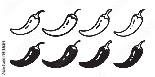 Spicy Chili Pepper Icons. Minimalist Black Outline and Solid Silhouette Graphic Symbols on White Background.