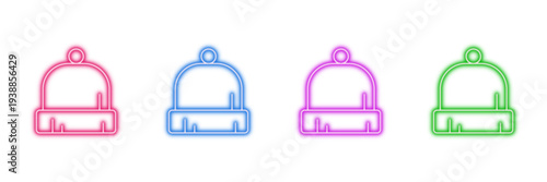 Neon glowing winter hat vector icons set, beanie, bobble, warm apparel, winter fashion, vibrant colorful digital design illustration on transparent background.