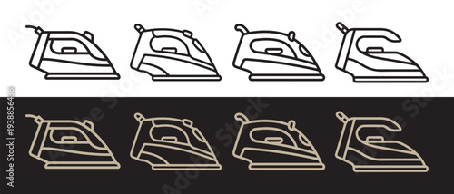 Modern Clothes Iron Icons. Line Art Designs on White and Dark Backgrounds, Simple and Clean Vector Graphics.