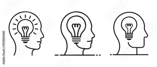 Idea Generation Icons. Human Heads with Lightbulbs Symbolizing Innovation, Creativity, and Thinking Process.