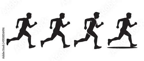Silhouette of a runner in motion, sequence showing progression and speed, isolated on white background for sports and fitness concepts.
