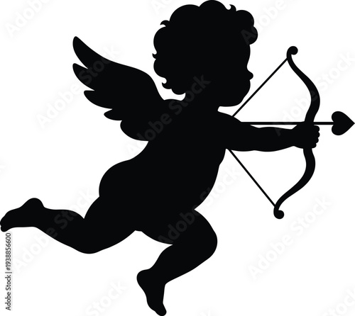 Flying cupid silhouette with bow and heart arrow isolated on white background for Valentines Day greeting cards, wedding invitations and romantic design