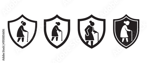 Elderly Women Protection Icons. Shields with Senior Figures Symbolizing Care, Safety, and Aging Stages.