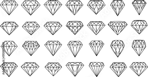 Black and White Line Art Diamond Icons Set - Jewelry and Luxury Graphics