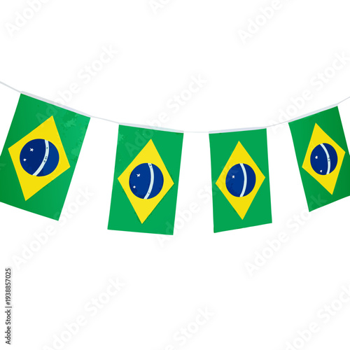 Brazilian flags strung together in a festive row, symbols of national pride and celebration.  The flags are vibrant green and yellow, with the iconic blue sphere and stars.