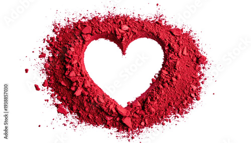 Red powder heart, formed by debris on black background, symbol of affection