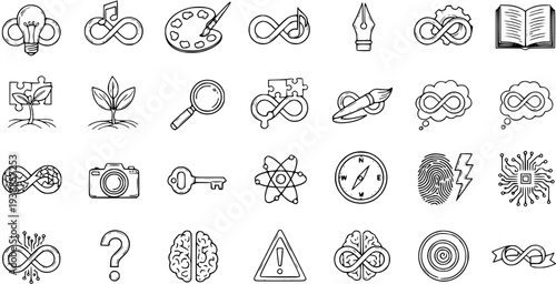 Black and White Line Art Icons of Infinite Ideas, Learning, Creativity, and Technology