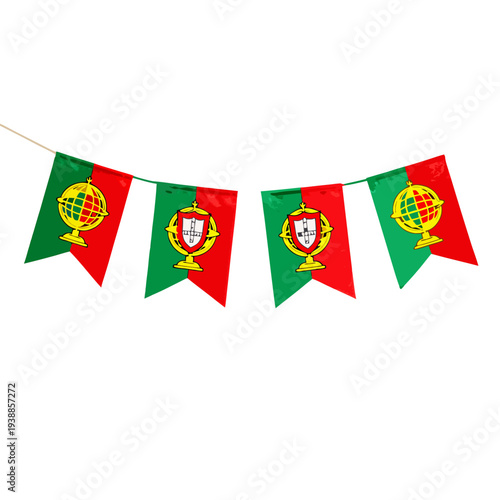 A vibrant garland of Portuguese flags strung together, representing the nation with pride. The flags display the iconic coat of arms, creating a festive atmosphere