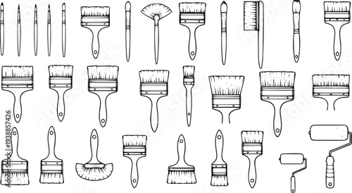 Black and White Line Art Collection of Various Paint Brushes and Rollers for Art and Decor