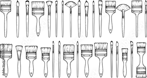 Black and White Line Art of Assorted Paint Brushes in Rows for Art and Craft