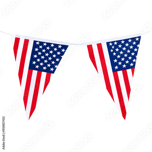 Two triangular USA flags with a white string against a light backdrop
